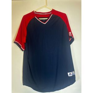 Russell Athletic Dri-Power Baseball Jersey Men’s Large Blue Red V-Neck Shirt